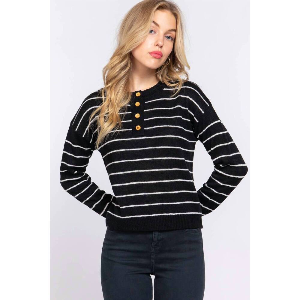 NEW 42POPS meredith fitted long sleeve striped sweater in black